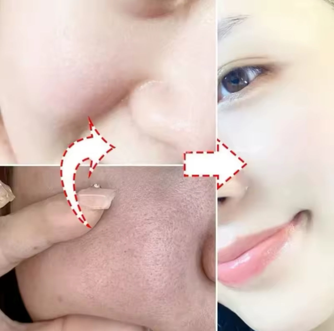 Collage of a person's face with close-up of skin texture and a hand holding a small object.