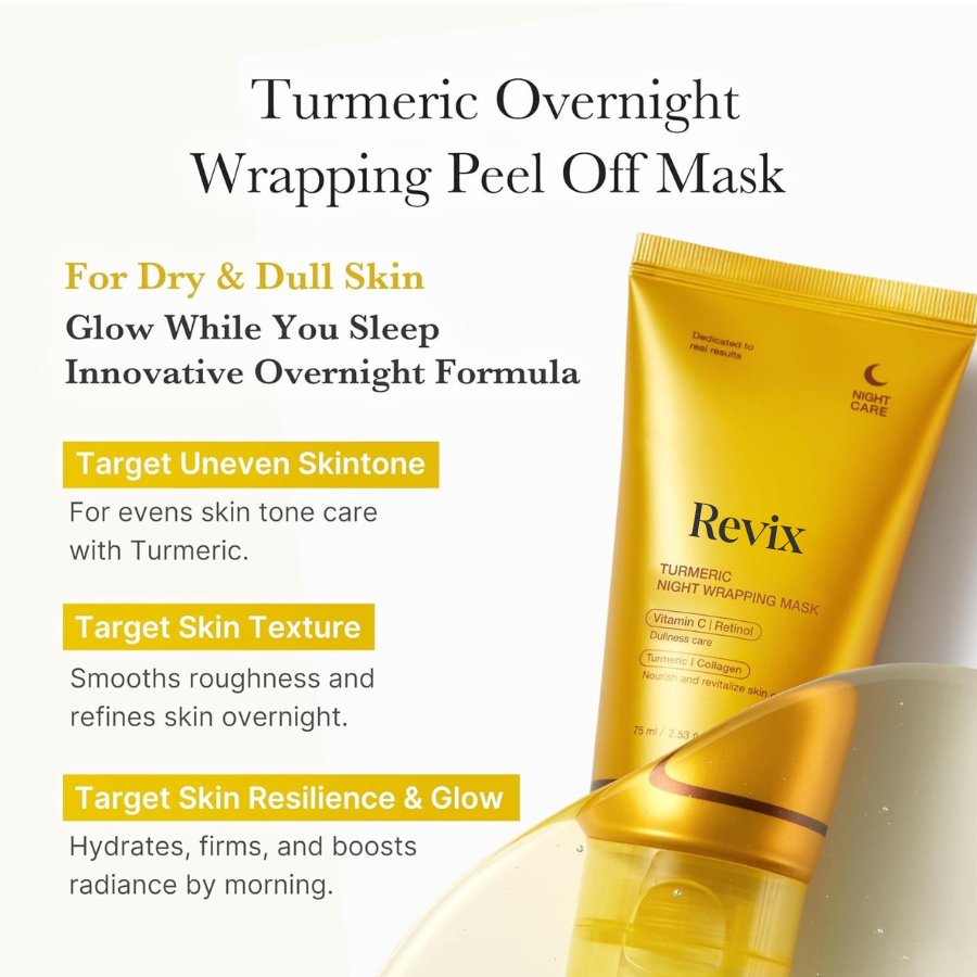 Revix brightening peel-off mask tube with golden gel texture swatch