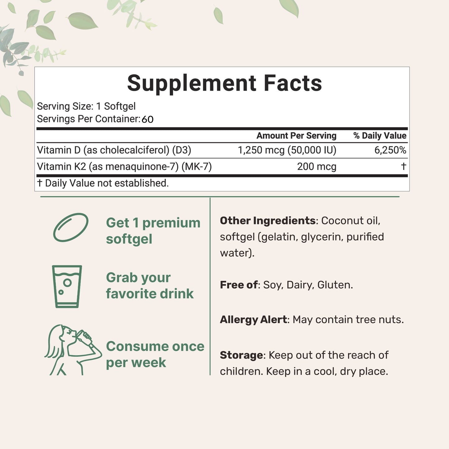 Supplement Facts panel for D-K Harmony D3 K2 softgels with directions for use