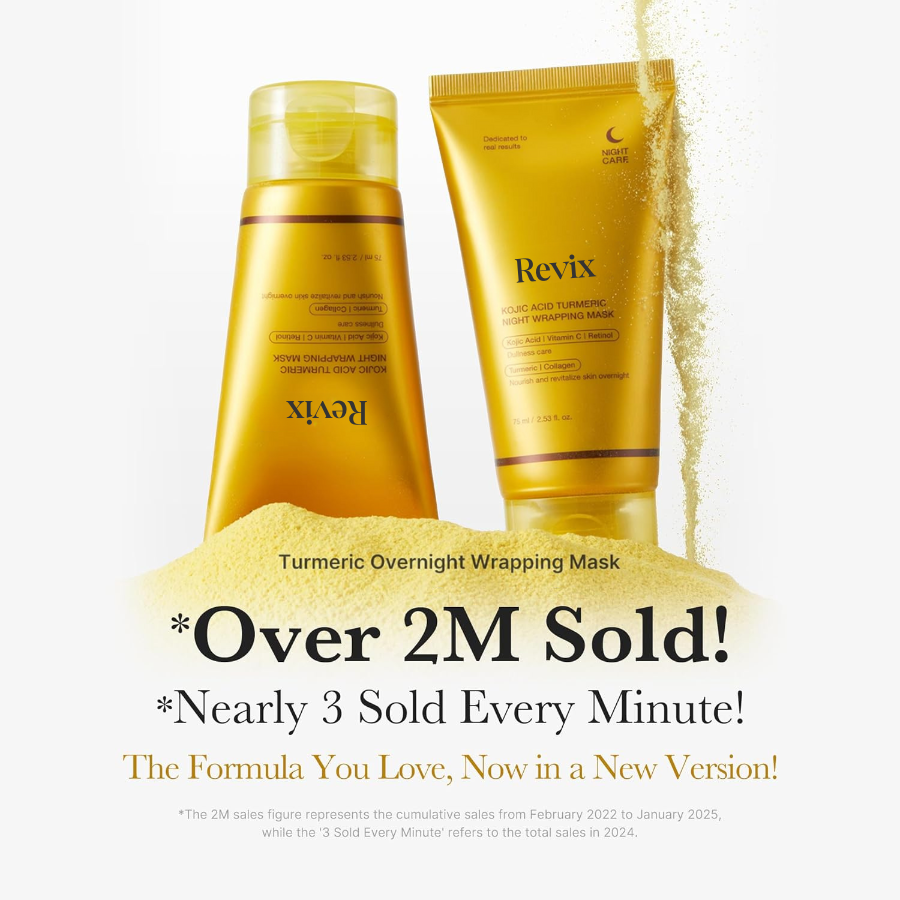 Revix brightening peel-off mask tube with golden gel texture swatch
