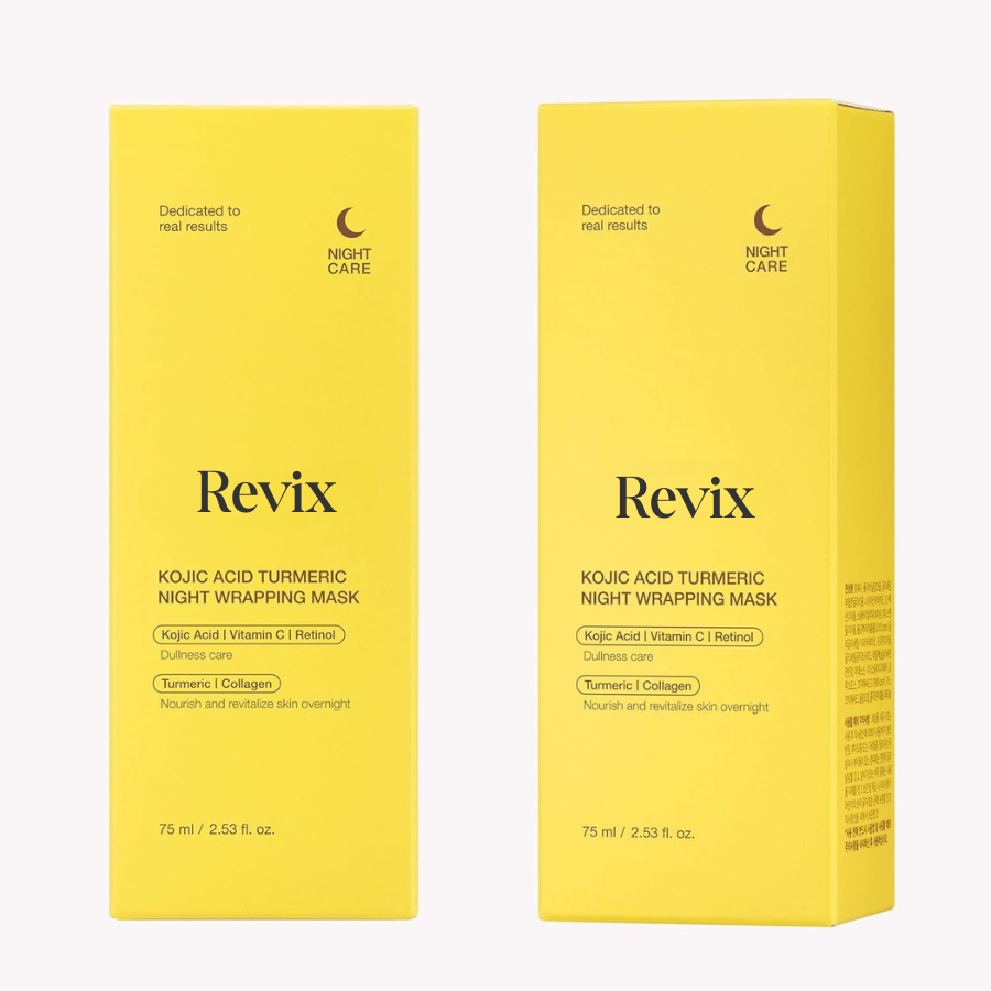 Revix brightening peel-off mask tube with golden gel texture swatch