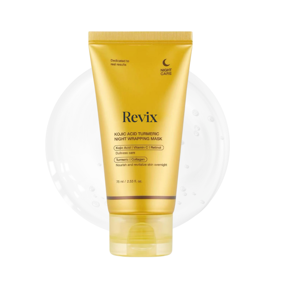 Revix brightening peel-off mask tube with golden gel texture swatch