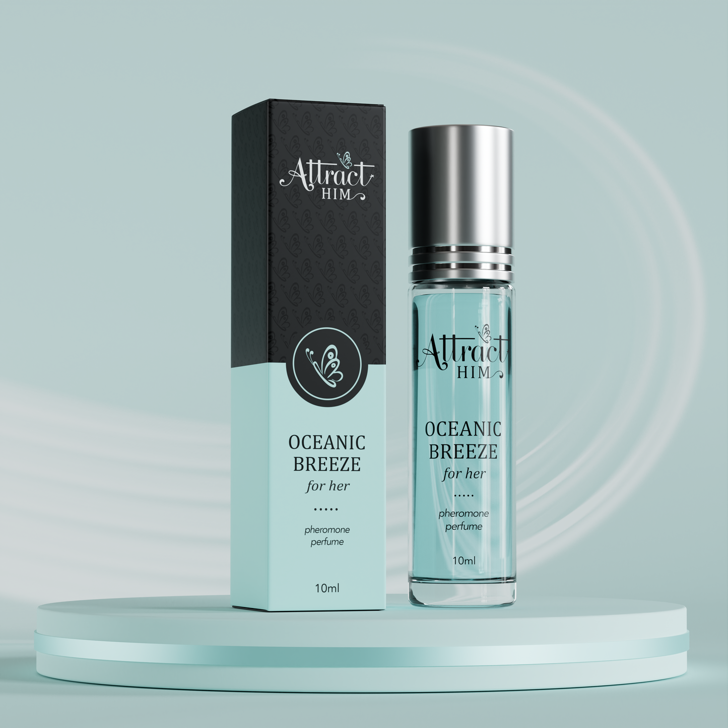 attracthim pheromone perfume bottle styled with soft floral accents