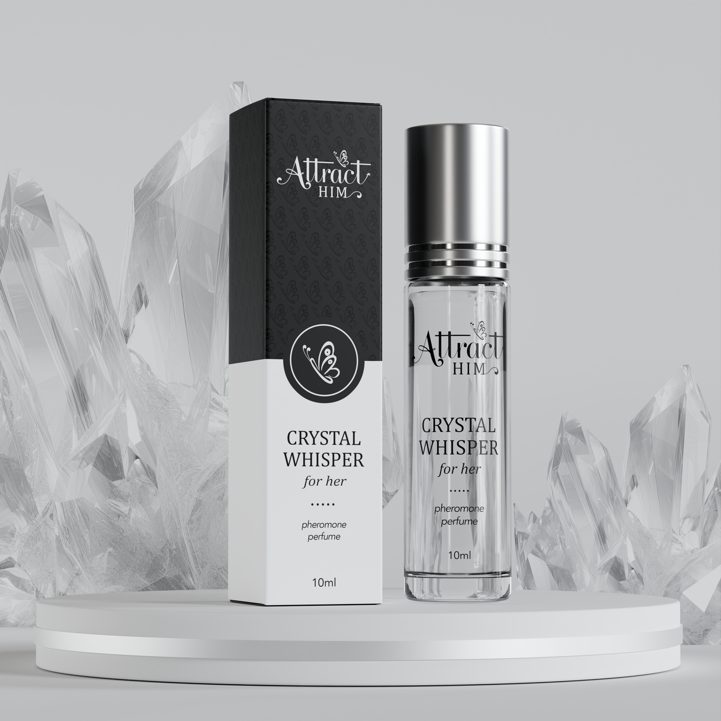 attracthim pheromone perfume bottle styled with soft floral accents