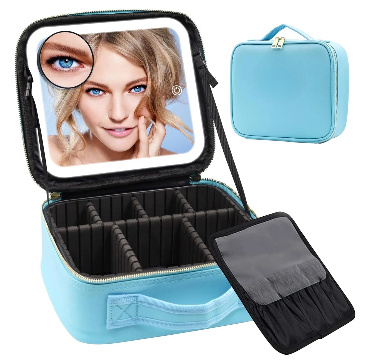 Portable lighted makeup case showing USB charging and compact travel design