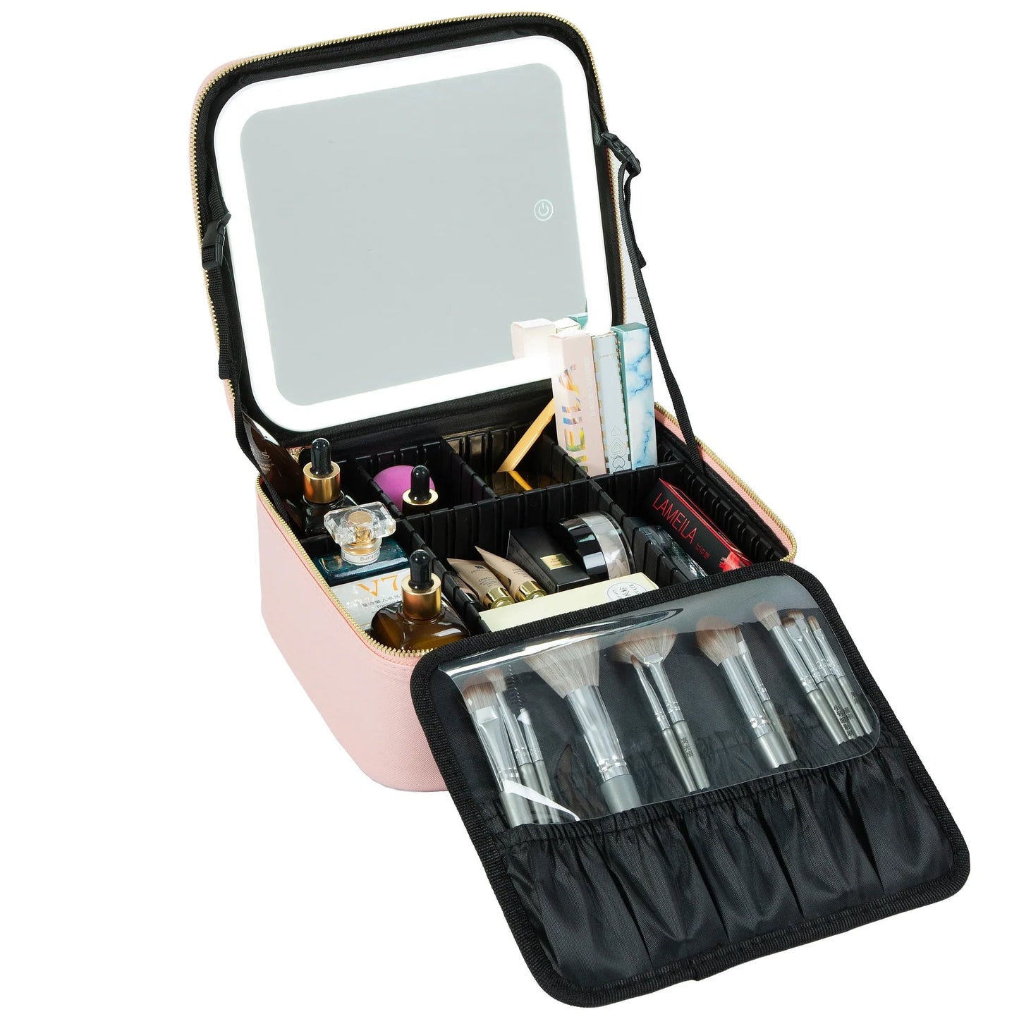 Portable lighted makeup case showing USB charging and compact travel design