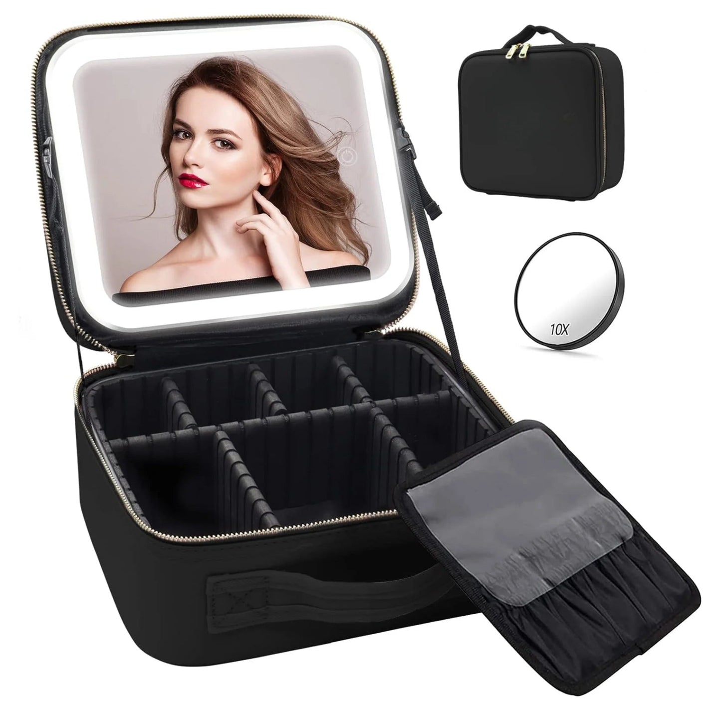 Portable lighted makeup case showing USB charging and compact travel design
