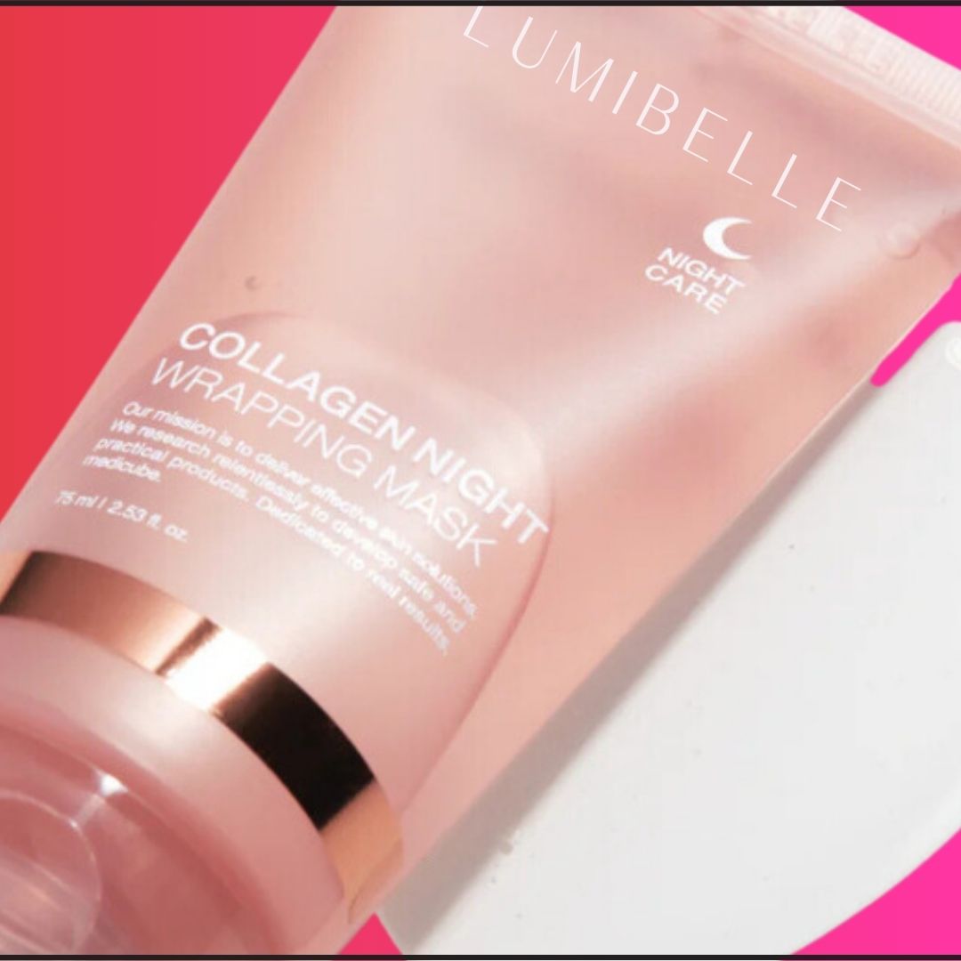 Collagen night wrapping mask packaging with 'Lumibelle' branding on a pink background
