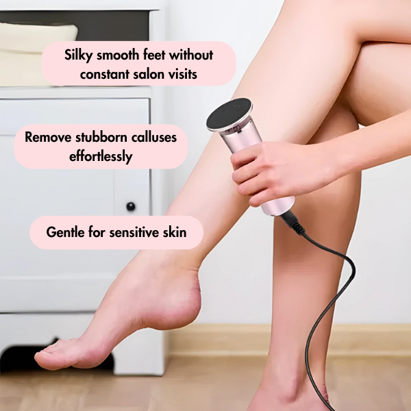 SmoothSole electric foot file with replaceable roller head on a bathroom counter