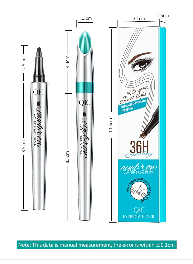 Waterproof, smudge-resistant brow pencil with a triangular precision tip for realistic, hair-like strokes
