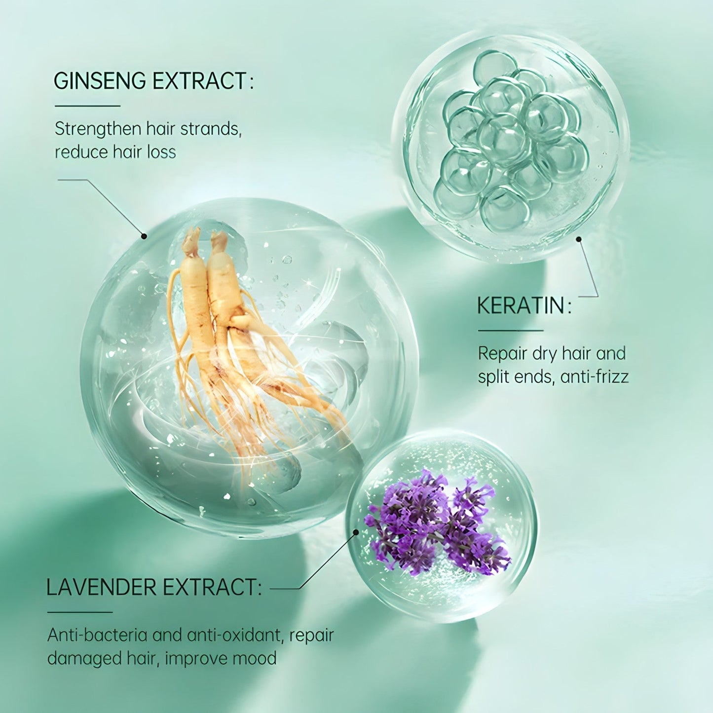 SilkyStrands key ingredients — vegan keratin, ginseng extract, lavender extract