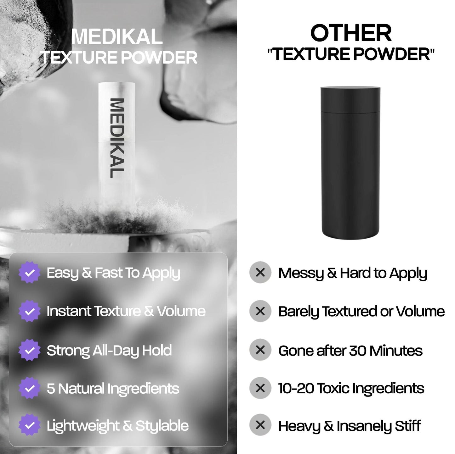 AirLift Texture & Volume Spray bottle on black pedestal showing hold, texture and shine scale