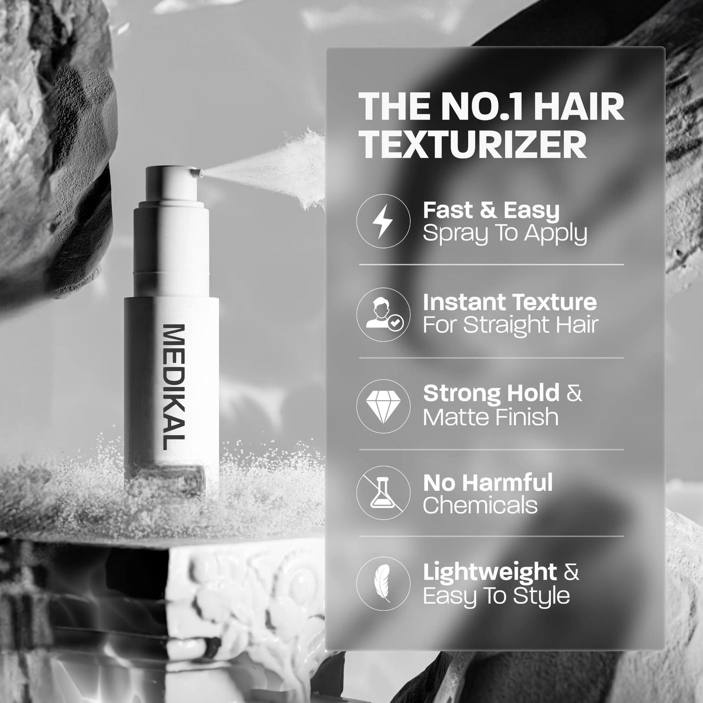 AirLift Texture & Volume Spray bottle on black pedestal showing hold, texture and shine scale