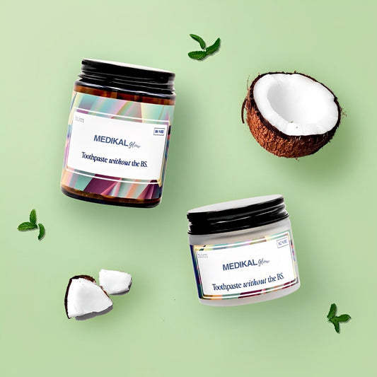 MEDIKALglow FreshBite toothpaste tablets — jars on pedestals