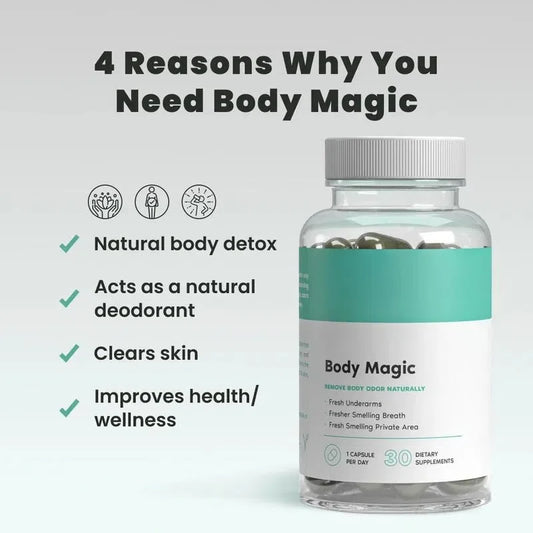 BodyMagic chlorophyll capsules bottle with fresh mint and leafy greens