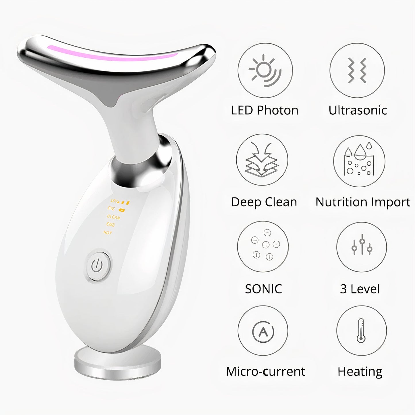Close-up of PulseLift applicator and charging port—handheld, portable skin-toning device