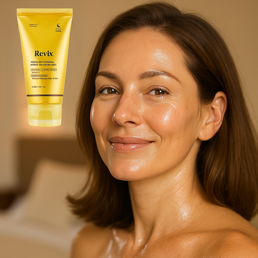 Revix brightening peel-off mask tube with golden gel texture swatch