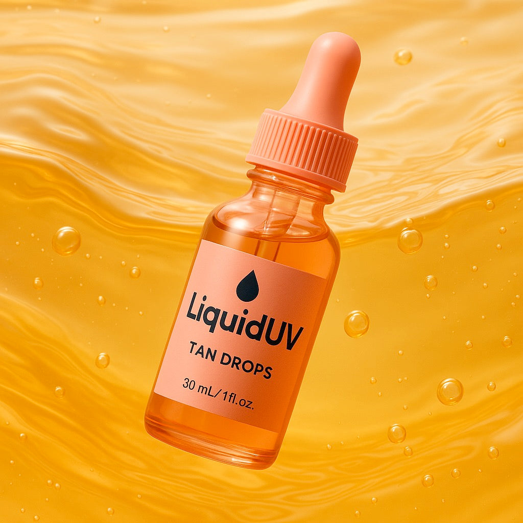 Close-up of LiquidUV drops mixing into water for a beauty-from-within routin