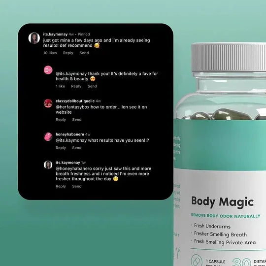 BodyMagic chlorophyll capsules bottle with fresh mint and leafy greens