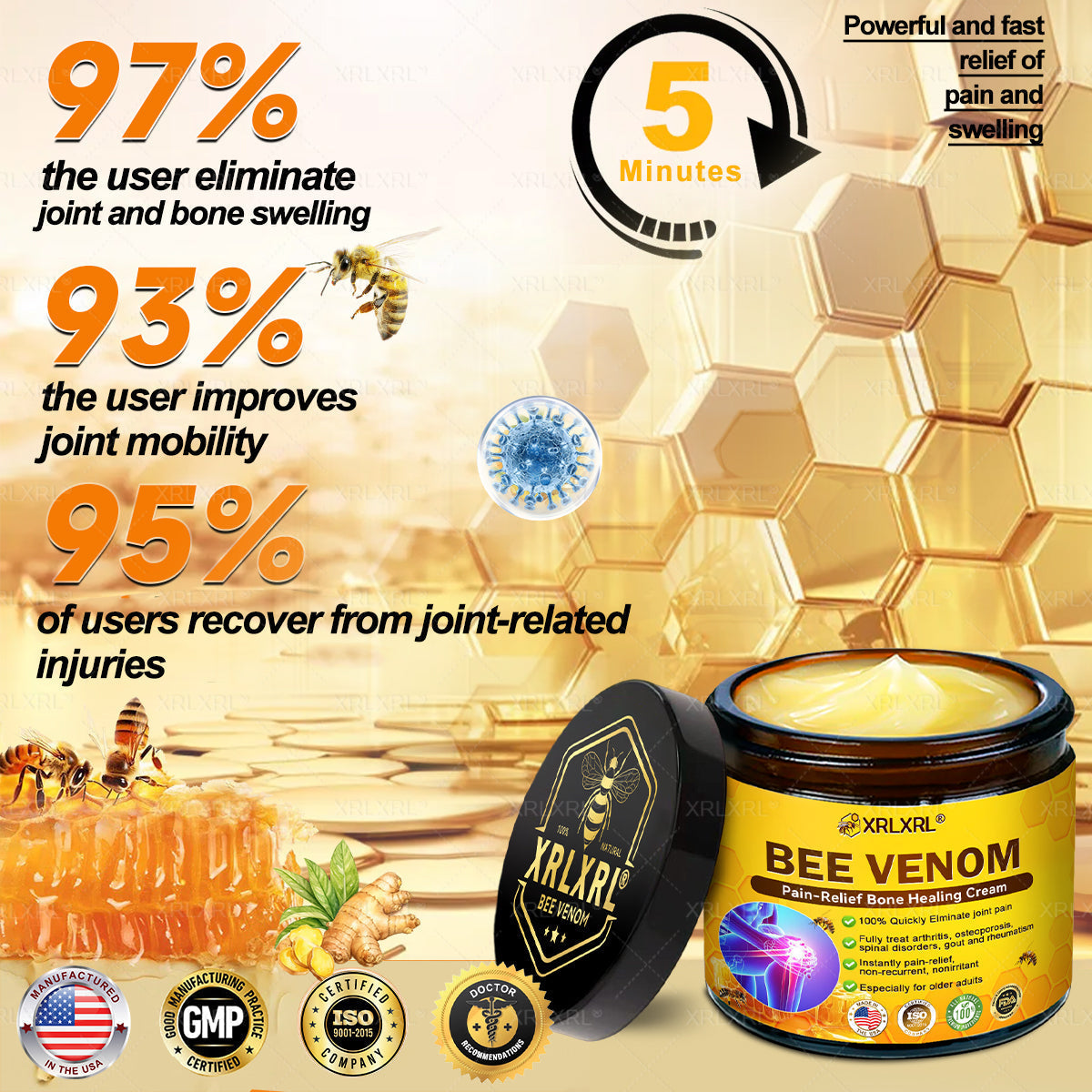 NatureBee bee venom comfort cream jar with texture swatch on neutral background