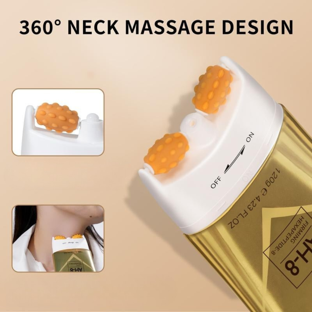 NeckLuxe neck cream tube with built-in massage roller applying upward on neck