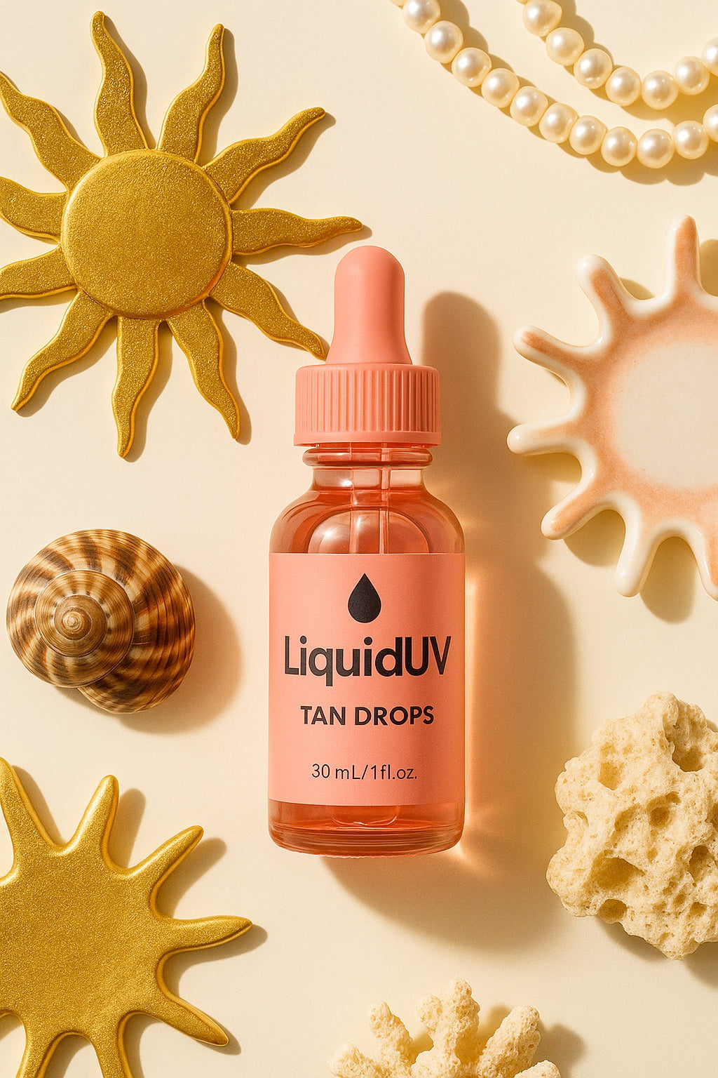 Close-up of LiquidUV drops mixing into water for a beauty-from-within routin