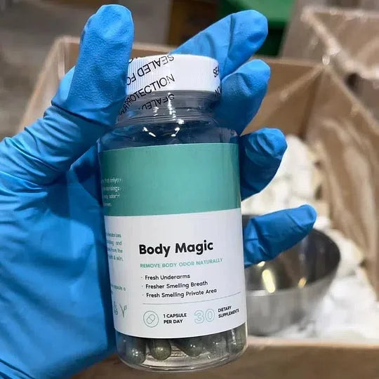 BodyMagic chlorophyll capsules bottle with fresh mint and leafy greens
