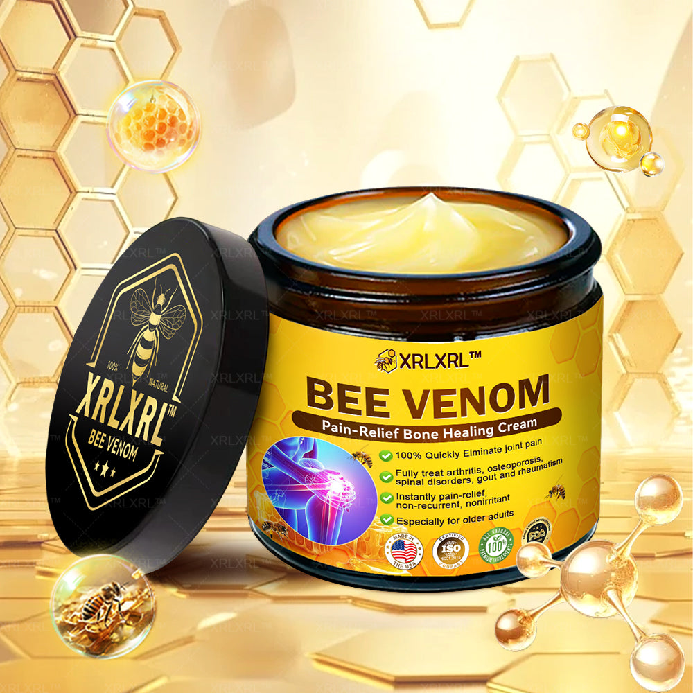 NatureBee bee venom comfort cream jar with texture swatch on neutral background