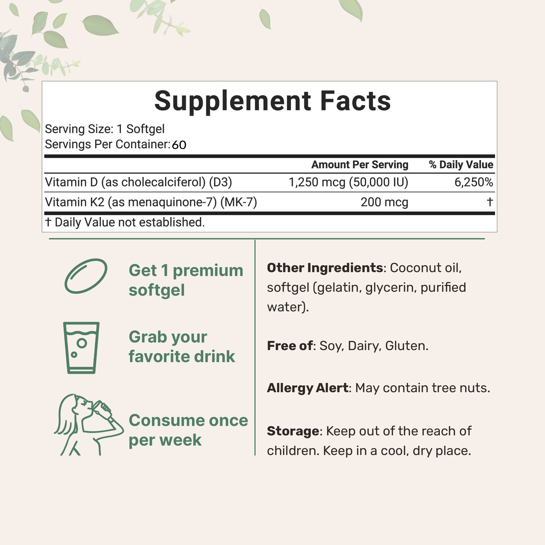 Supplement Facts panel for D-K Harmony D3 K2 softgels with directions for use