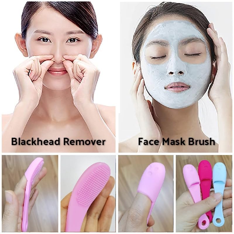 PurePore mini silicone face brushes in pink, mint, and purple with soft micro-bristles; suitable for applying/removing masks, cleansing, and massaging skin