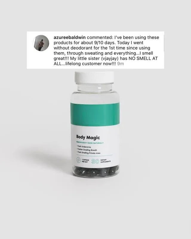 BodyMagic chlorophyll capsules bottle with fresh mint and leafy greens