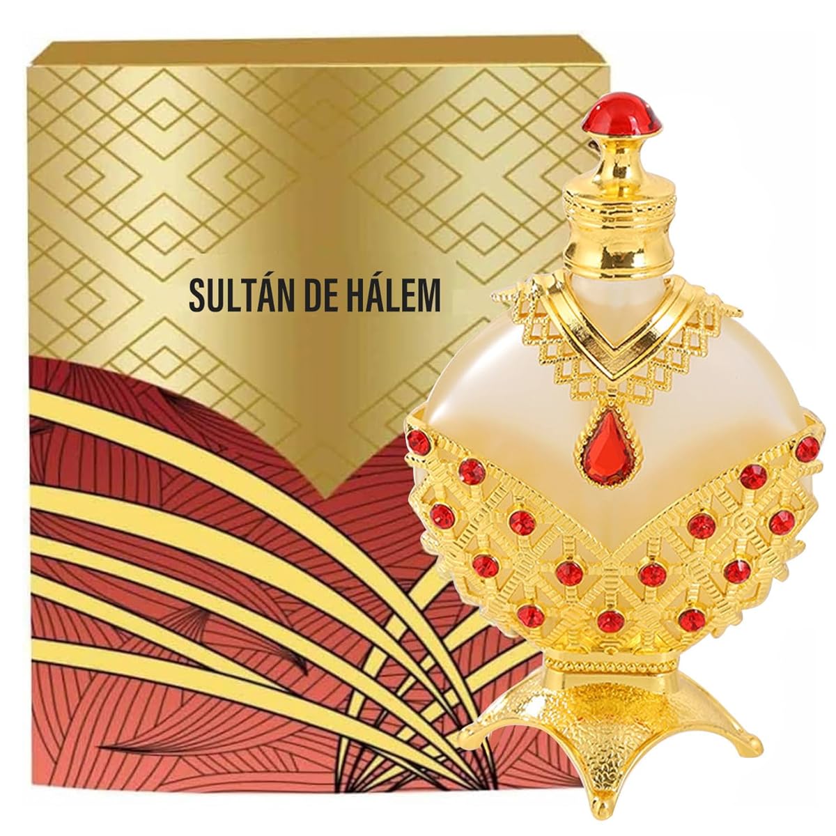 Sultan Aura Gold perfume oil — ornate gold bottle with dropper in palace setting