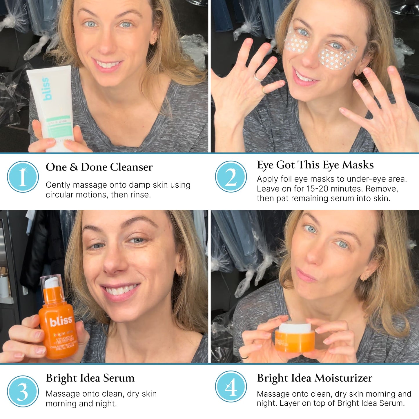 GlowCare step-by-step use — cleanse, apply eye masks 15–20 min, serum, moisturizer