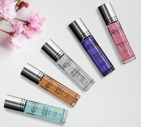 attracthim pheromone perfume bottle styled with soft floral accents