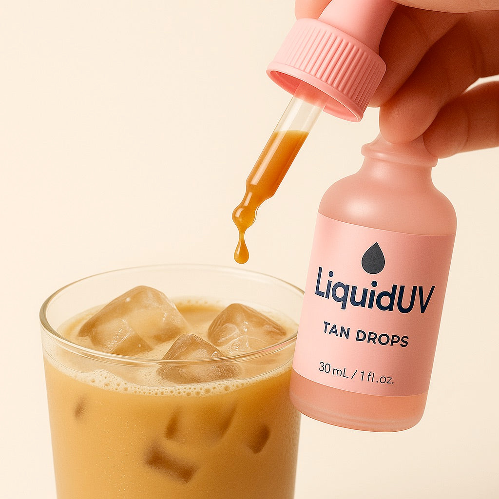 Close-up of LiquidUV drops mixing into water for a beauty-from-within routin