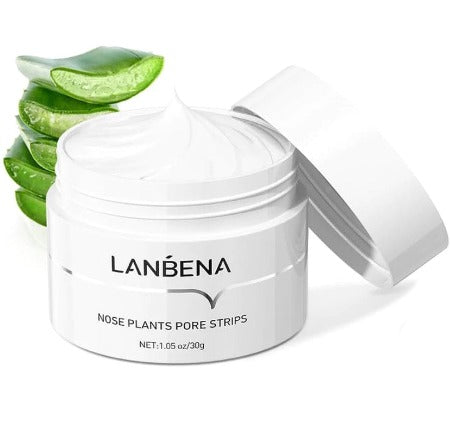 LANBENA pore strip container with aloe vera leaves on a white background