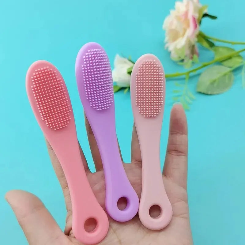 PurePore mini silicone face brushes in pink, mint, and purple with soft micro-bristles; suitable for applying/removing masks, cleansing, and massaging skin