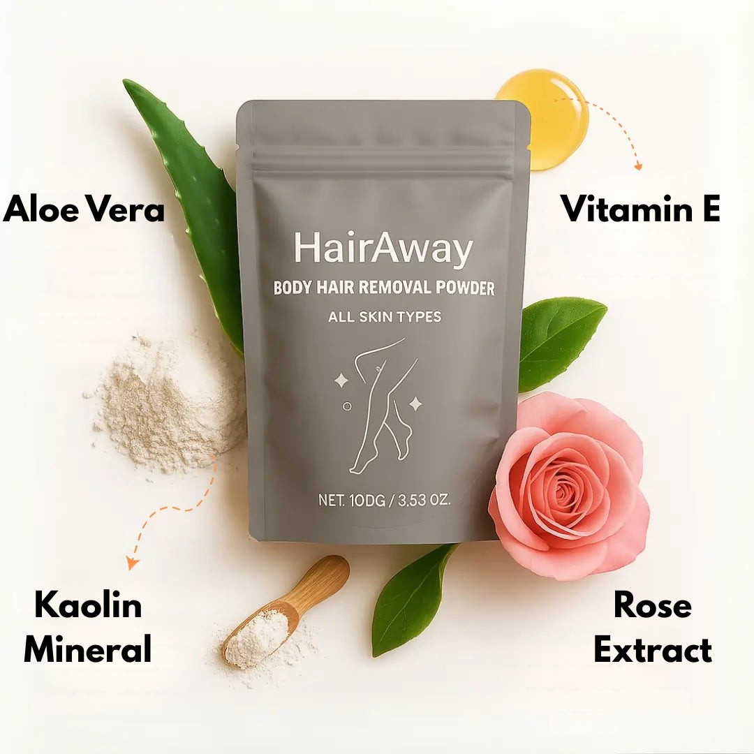 HairAway hair removal powder with mixing bowl and spatula