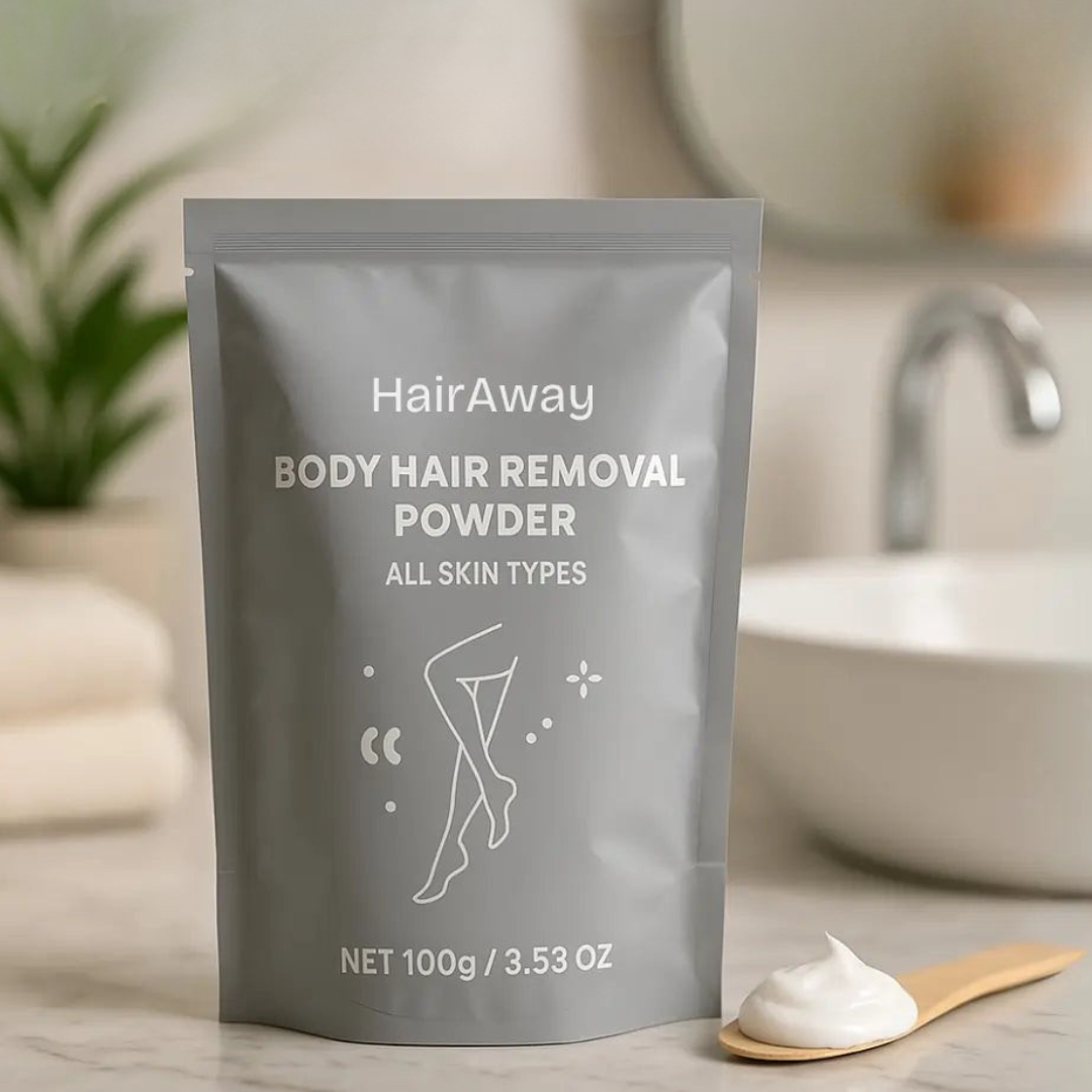 HairAway hair removal powder with mixing bowl and spatula