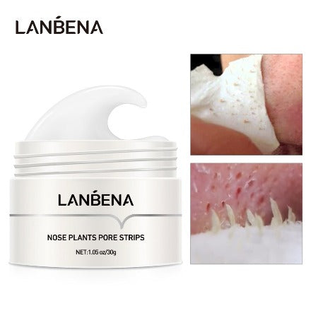 LANBENA nose plant pore strips packaging with a close-up of the product on skin.