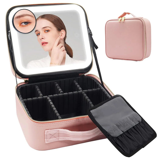 Portable lighted makeup case showing USB charging and compact travel design