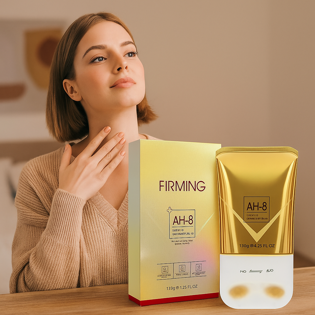NeckLuxe neck cream tube with built-in massage roller applying upward on neck