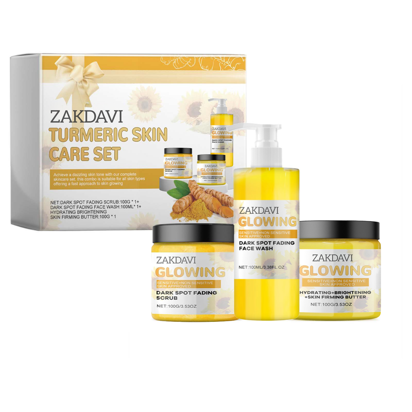 Glowing three-step turmeric face care kit with cleanser, exfoliant, and face butter