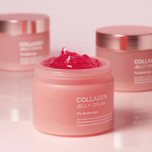 glowjelly collagen+ gel cream open jar with pink jelly texture