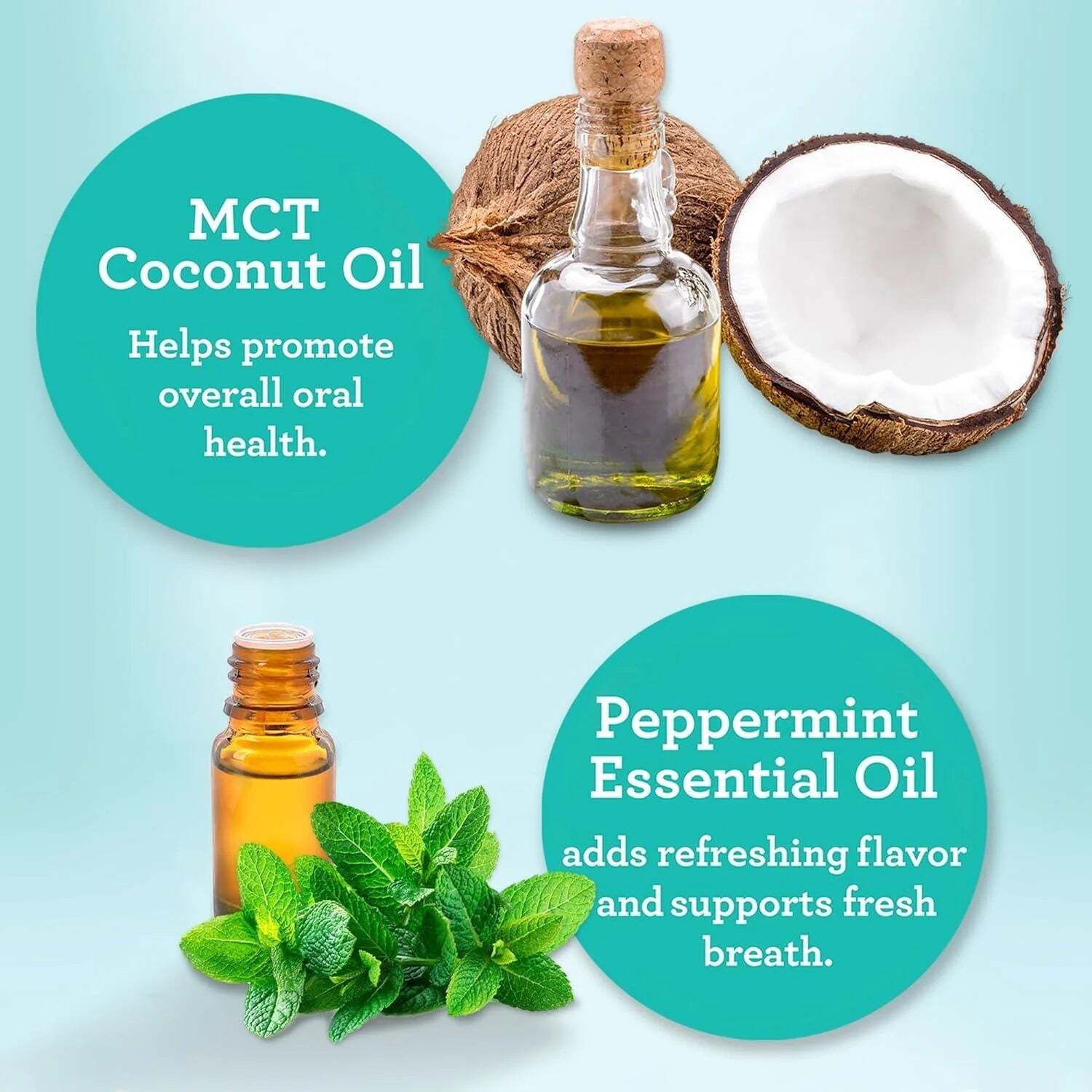CocoNature coconut oil mouthwash bottle with peppermint and coconut accents