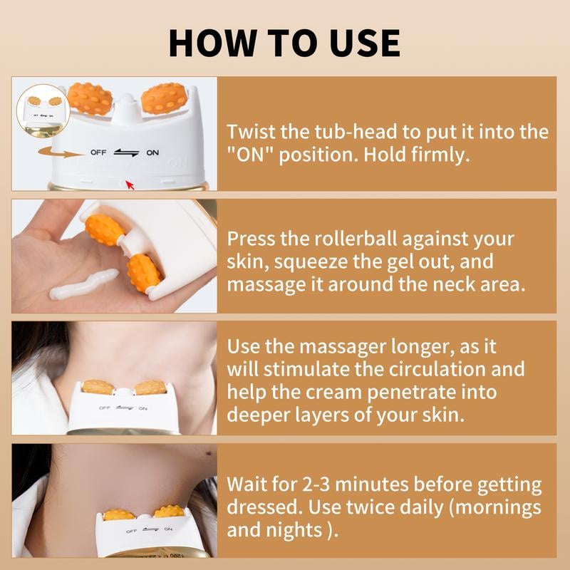 NeckLuxe neck cream tube with built-in massage roller applying upward on neck