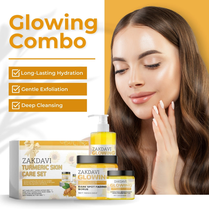 Glowing three-step turmeric face care kit with cleanser, exfoliant, and face butter