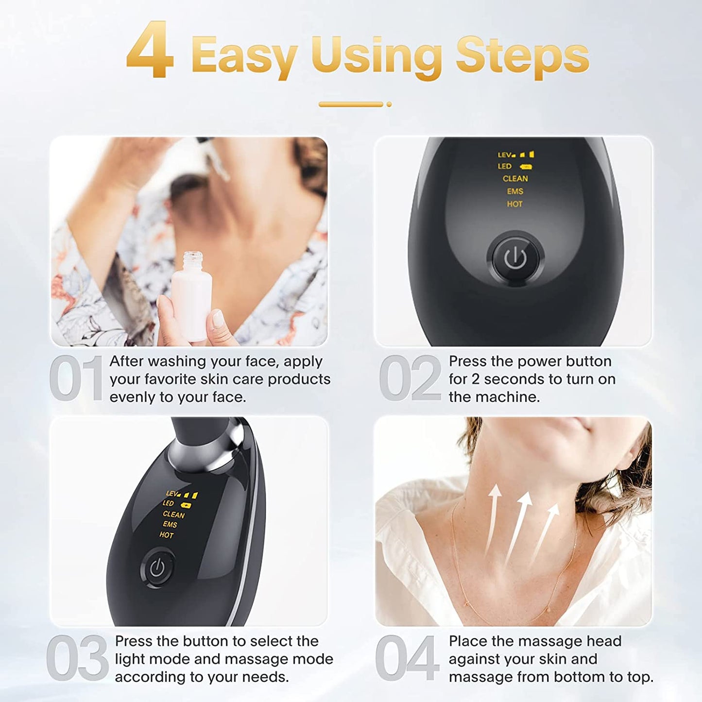 Close-up of PulseLift applicator and charging port—handheld, portable skin-toning device