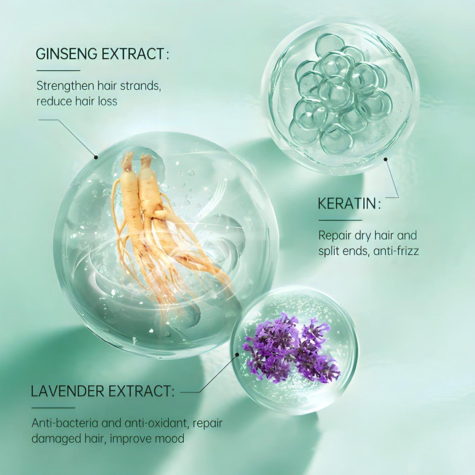 SilkyStrands key ingredients — vegan keratin, ginseng extract, lavender extract
