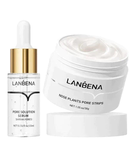LANBENA skincare products including a serum bottle and a cream jar on a white background
